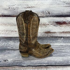 Corral Teen Brown Leather Gold Wing Cross Embroidered Boots Womens Size 5